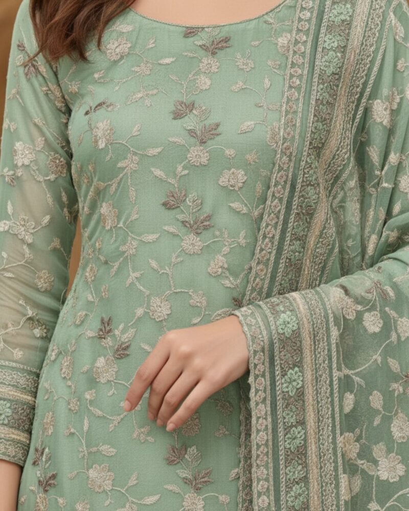 unstitched soft sea green organza fabric adorned with delicate ivory thread embroidered suit material