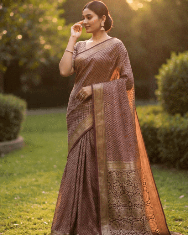 mauve plum banarasi silk saree with intricate gold zari floral work