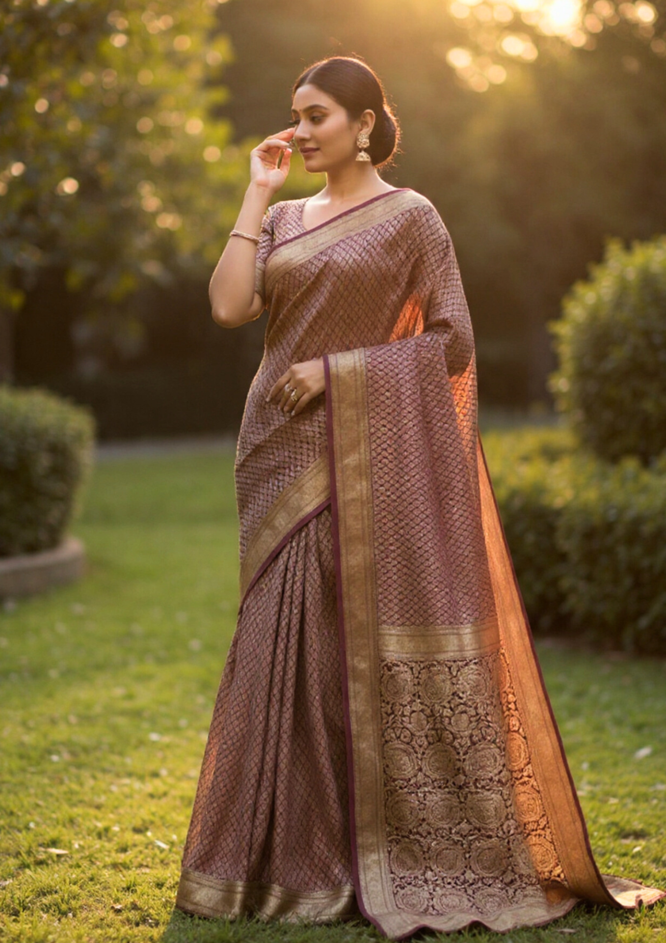 mauve plum banarasi silk saree with intricate gold zari floral work