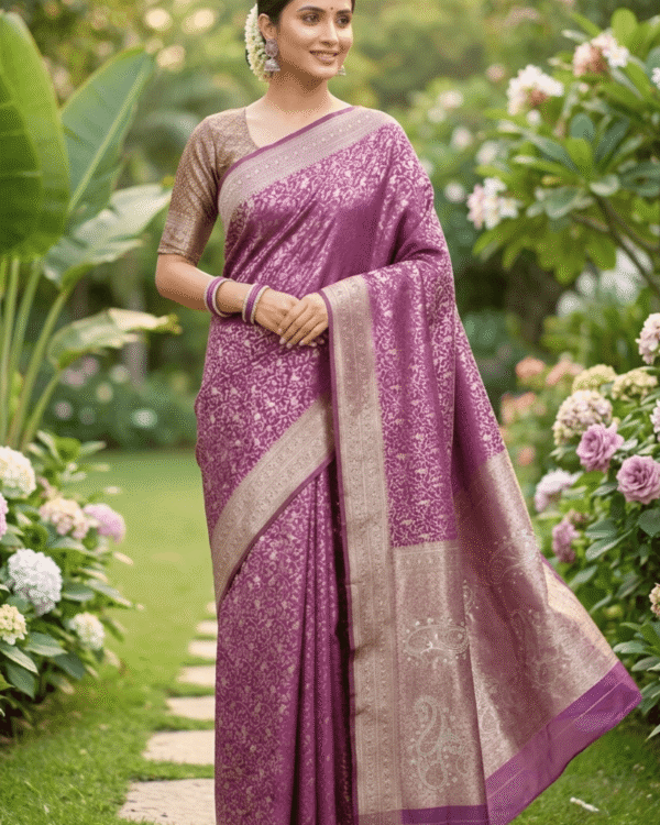 mauve plum banarasi silk saree with intricate gold zari floral work