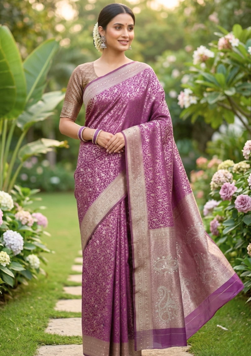 mauve plum banarasi silk saree with intricate gold zari floral work