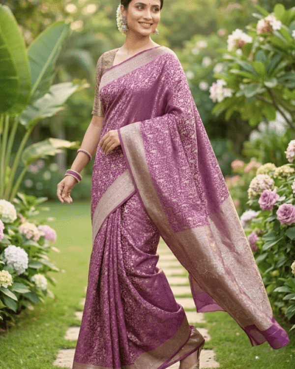 mauve plum banarasi silk saree with intricate gold zari floral work