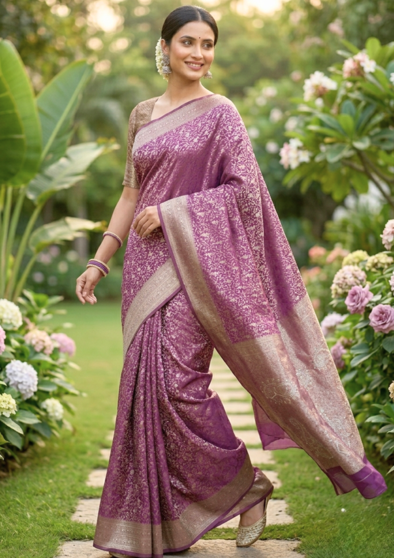 mauve plum banarasi silk saree with intricate gold zari floral work