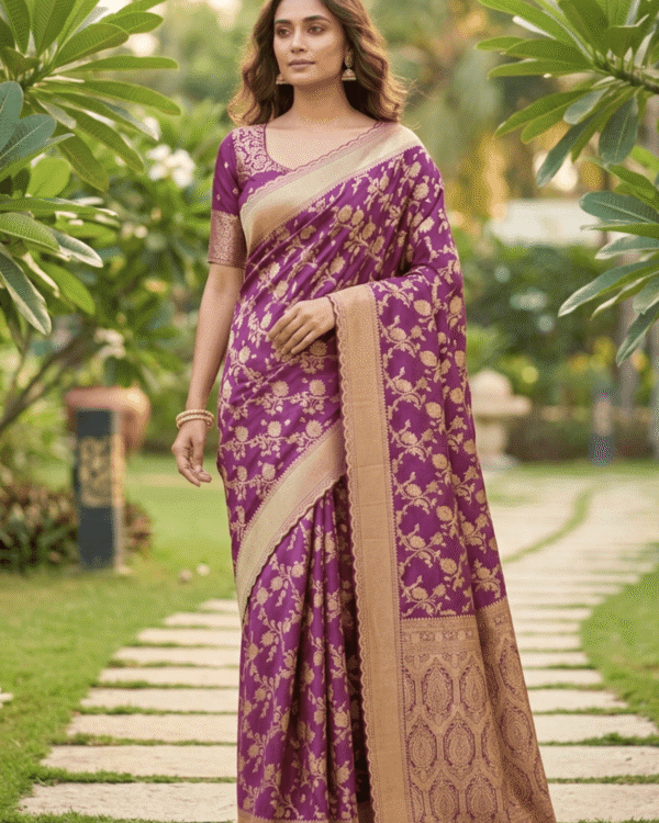 mauve plum banarasi silk saree with intricate gold zari floral work