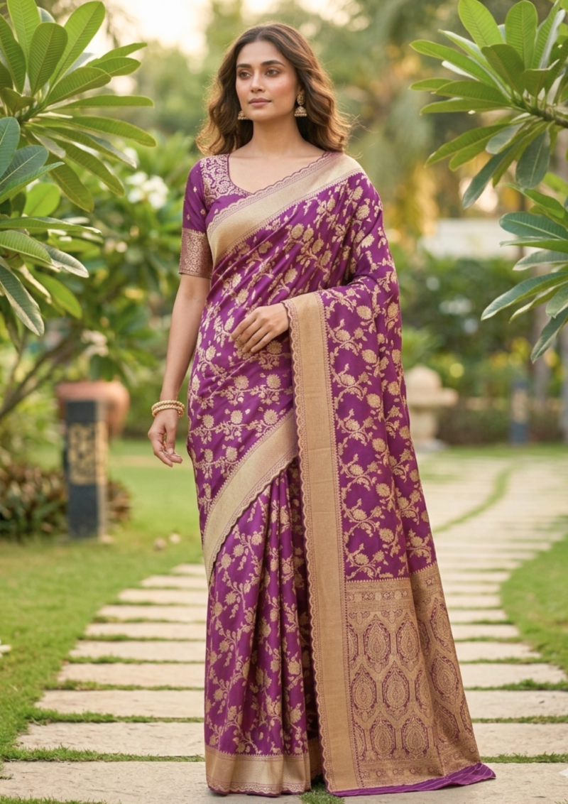 mauve plum banarasi silk saree with intricate gold zari floral work
