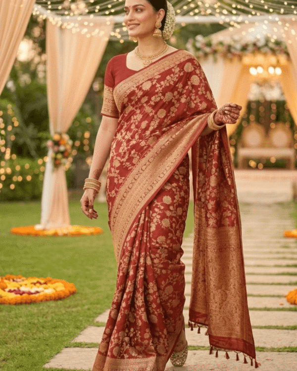 mauve plum banarasi silk saree with intricate gold zari floral work