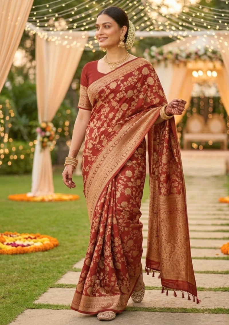 mauve plum banarasi silk saree with intricate gold zari floral work