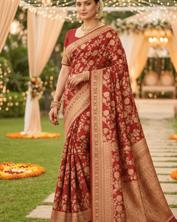mauve plum banarasi silk saree with intricate gold zari floral work