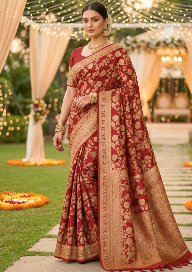 mauve plum banarasi silk saree with intricate gold zari floral work