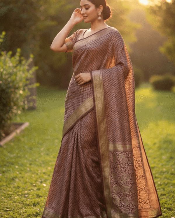 mauve plum banarasi silk saree with intricate gold zari floral work