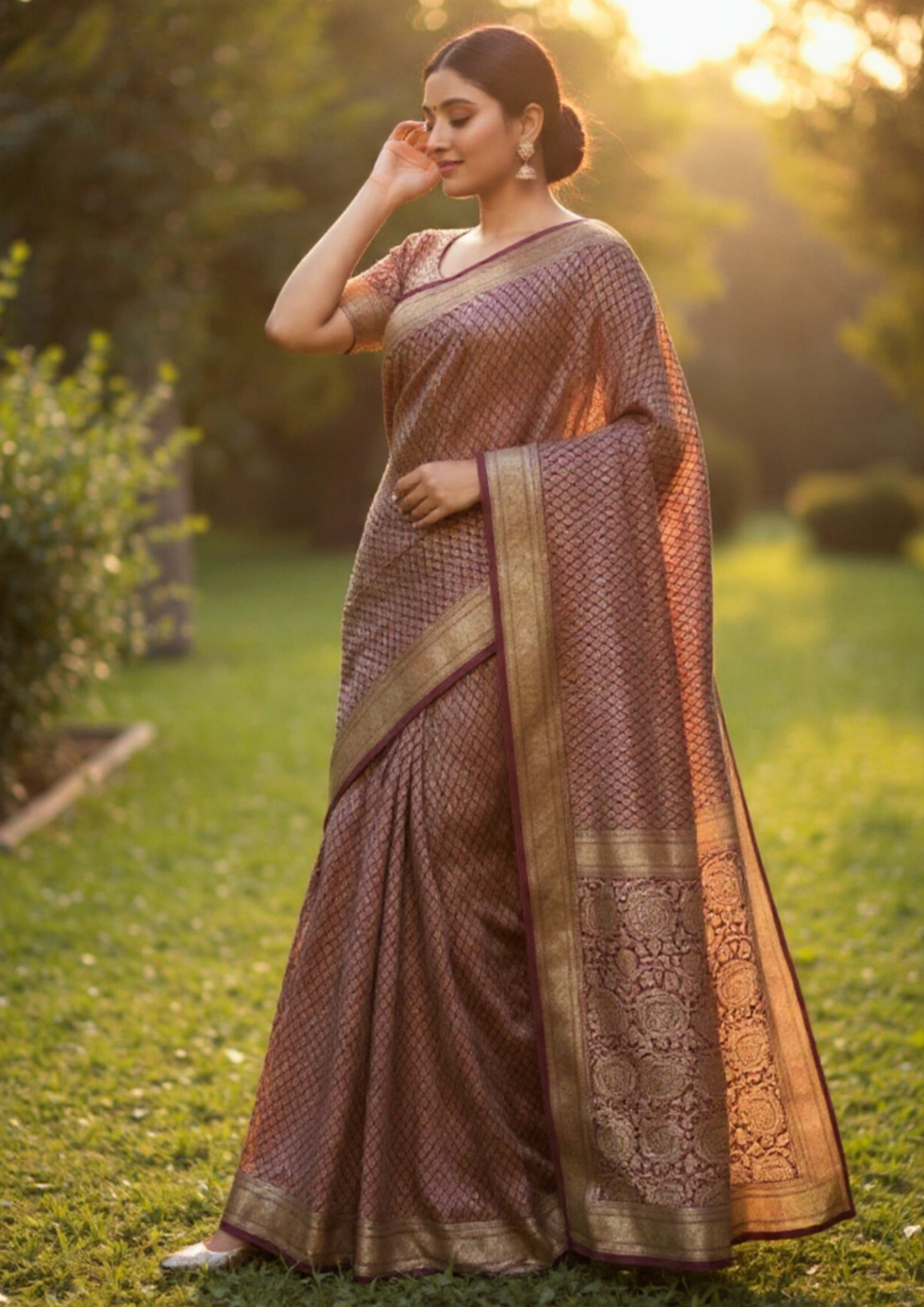 mauve plum banarasi silk saree with intricate gold zari floral work