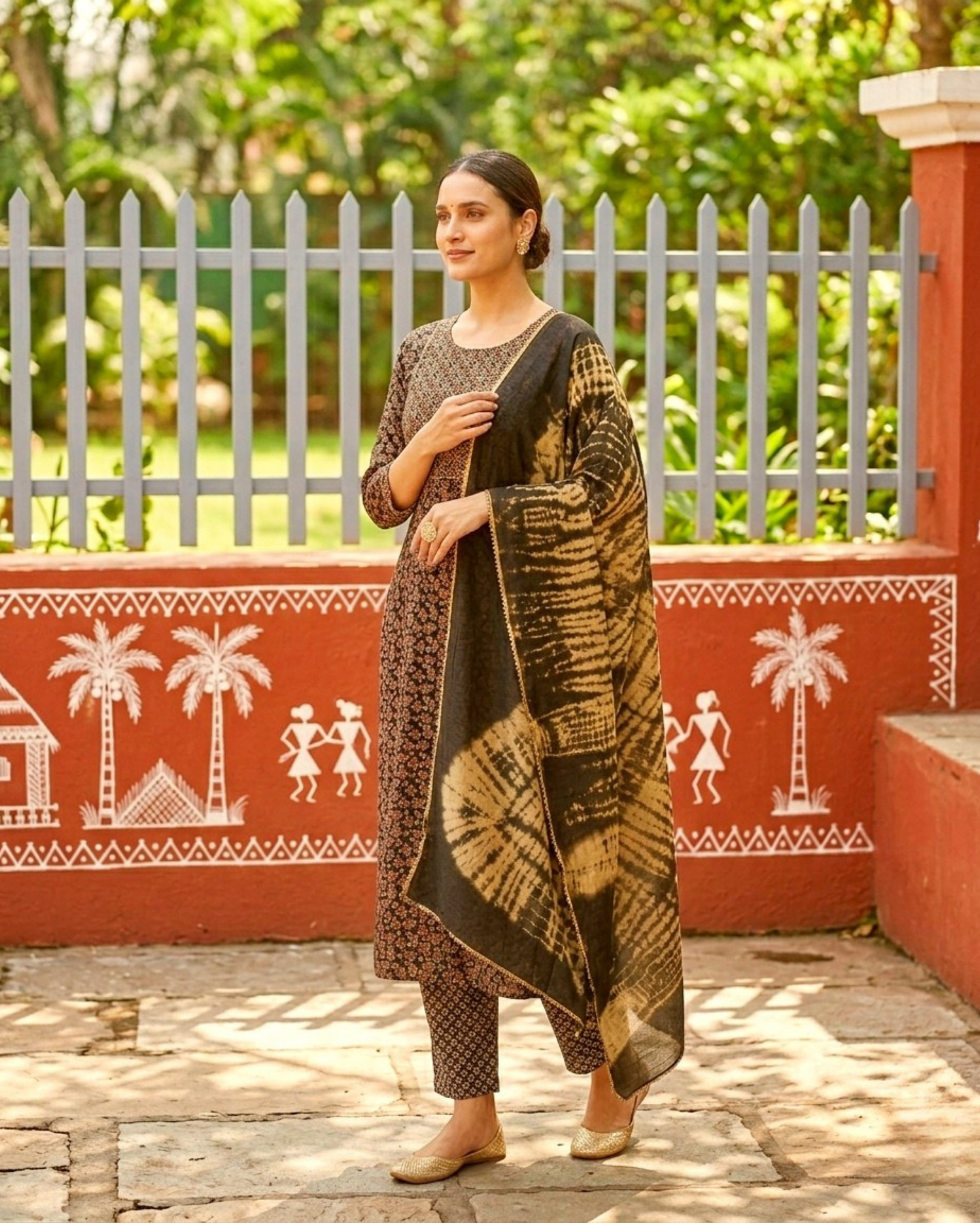 black printed cotton kurta set with tie and dye dupatta