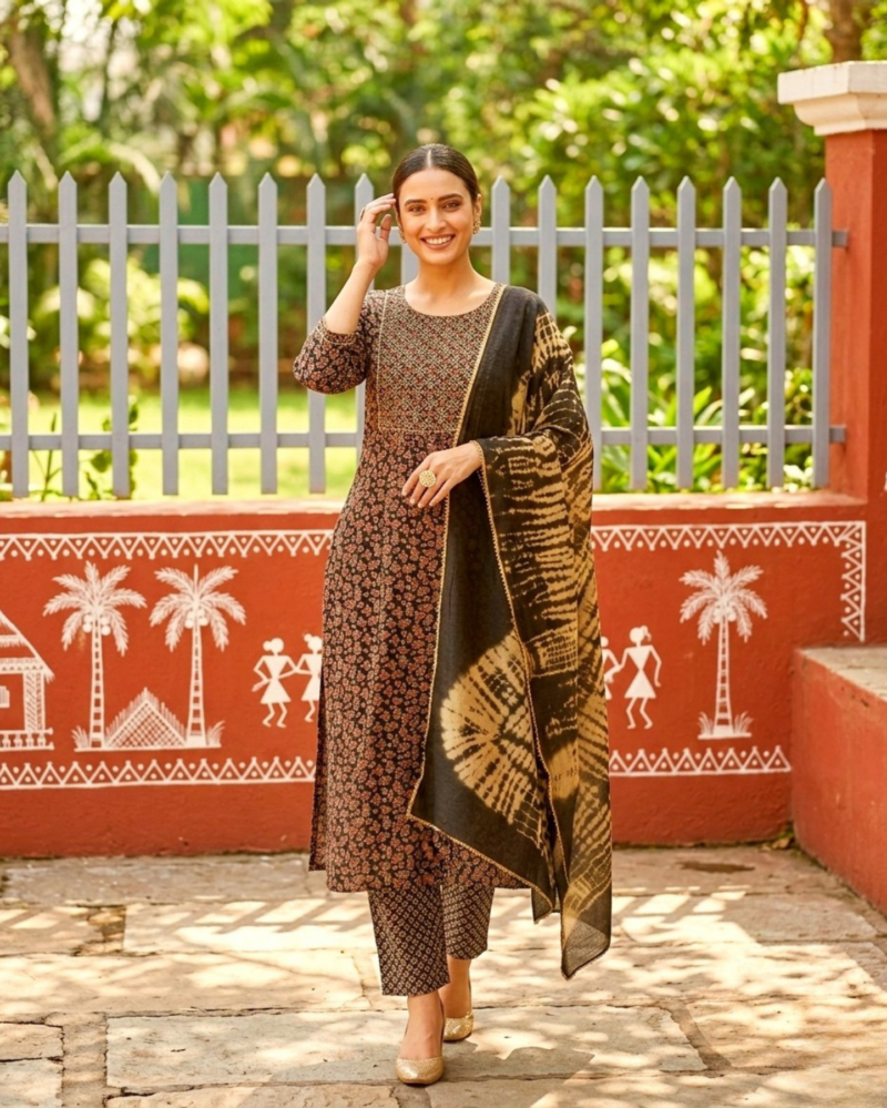 black printed cotton kurta set with tie and dye dupatta
