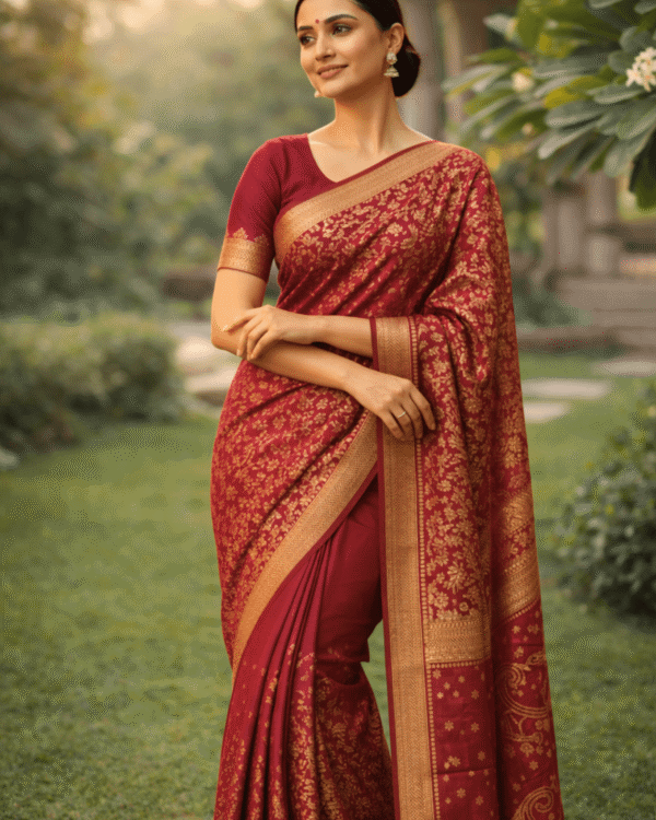 mauve plum banarasi silk saree with intricate gold zari floral work