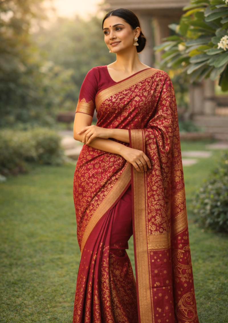 mauve plum banarasi silk saree with intricate gold zari floral work