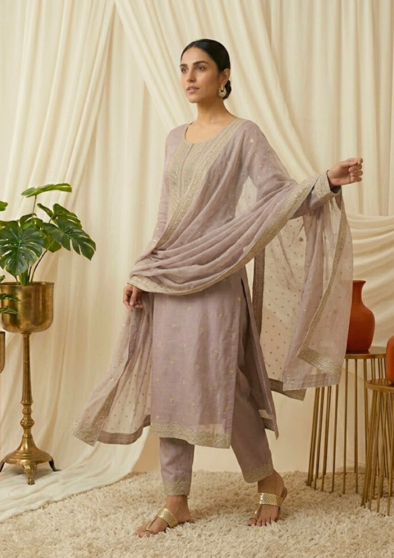 black printed cotton kurta set with tie and dye dupatta