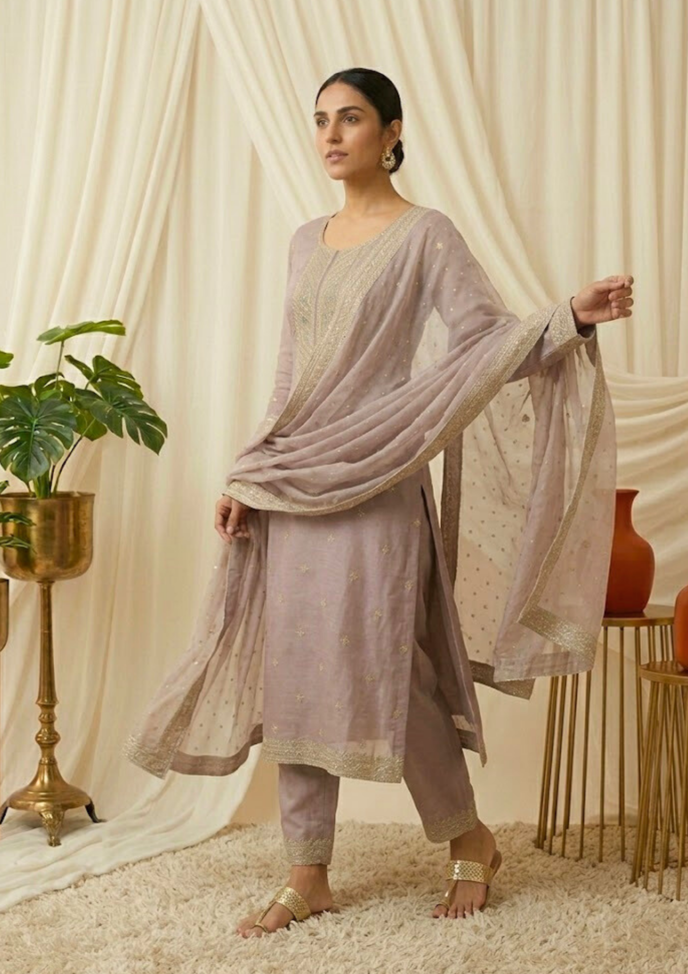 black printed cotton kurta set with tie and dye dupatta