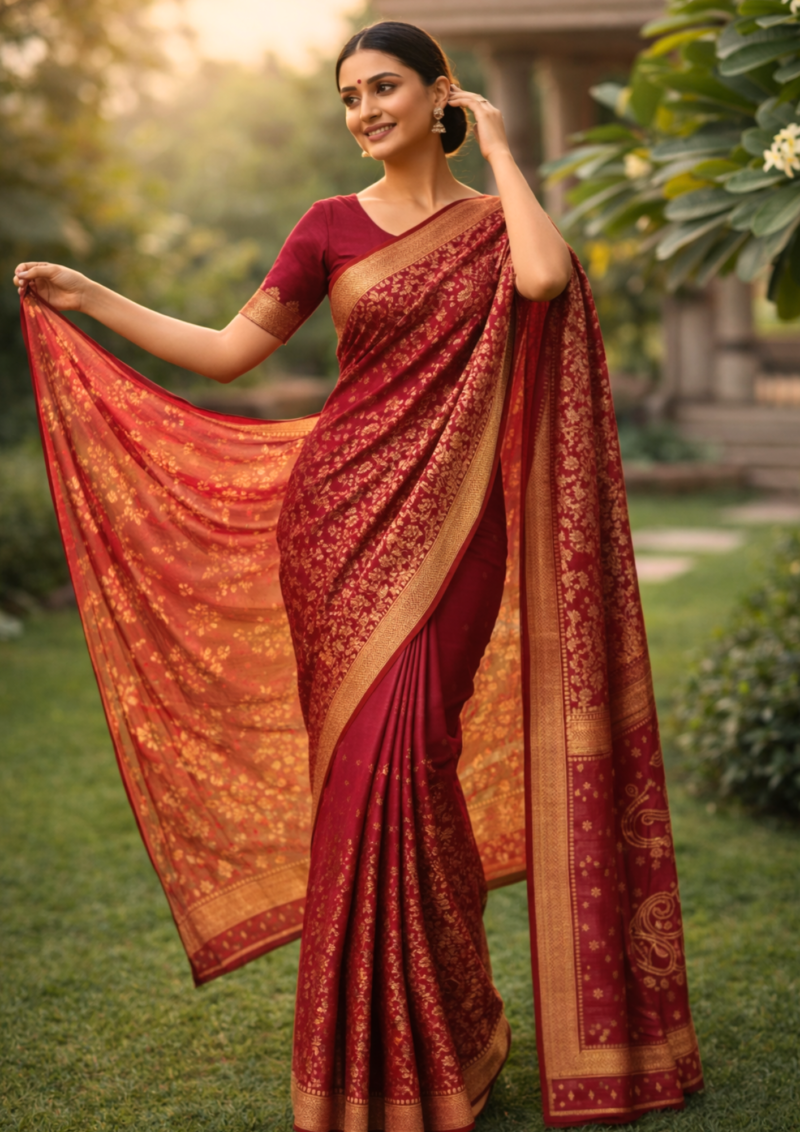 mauve plum banarasi silk saree with intricate gold zari floral work