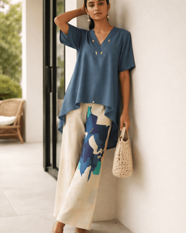 blue cotton kurta with printed palazzo set