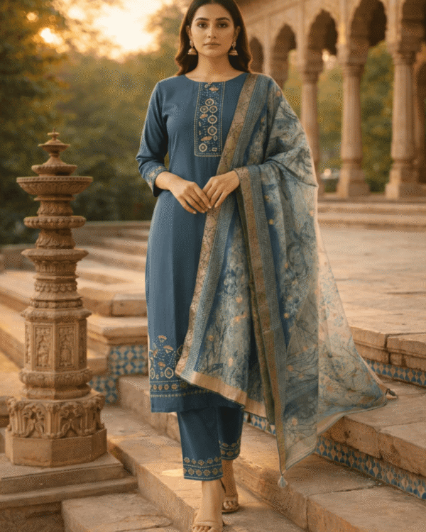 dark blue cotton blend kurta pant with floral printed dupatta