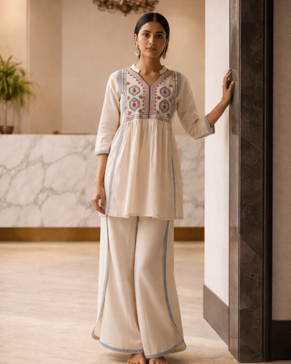 off white cotton embroidered kurta with wrap around palazzo set