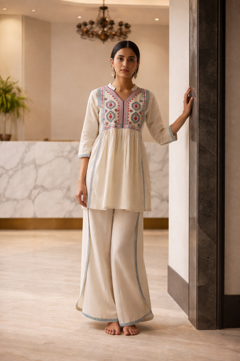off white cotton embroidered kurta with wrap around palazzo set