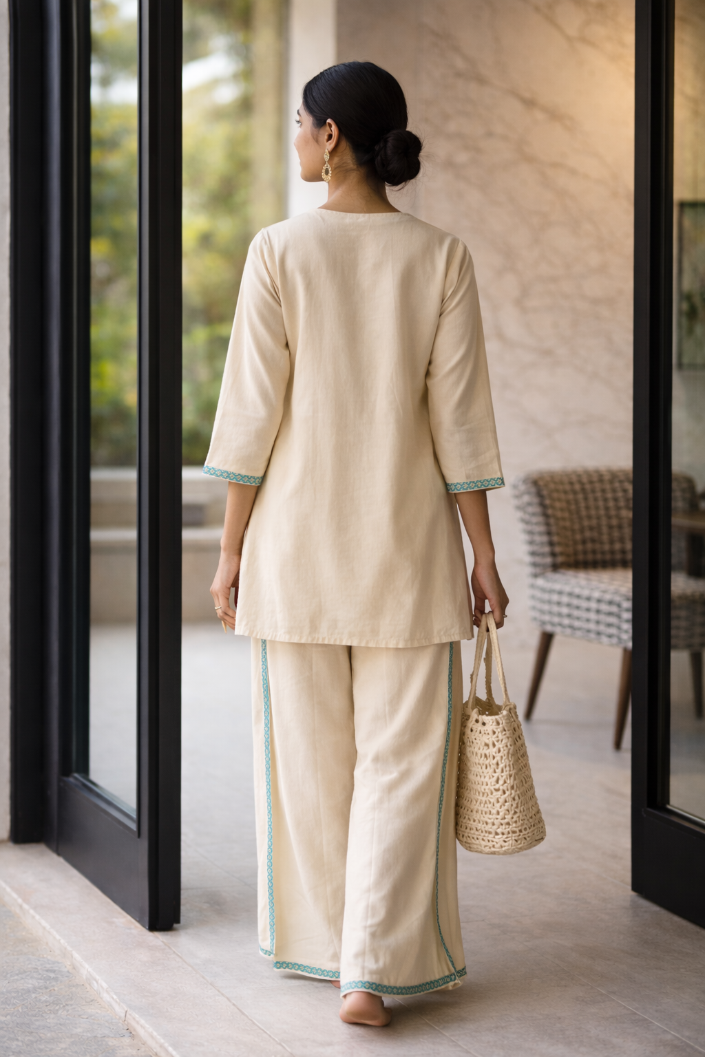 off white cotton embroidered kurta with wrap around palazzo set