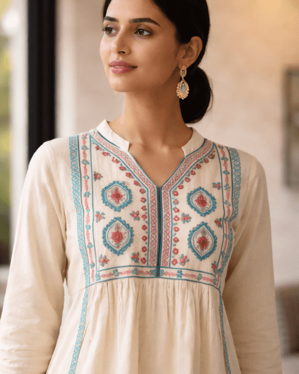 off white cotton embroidered kurta with wrap around palazzo set