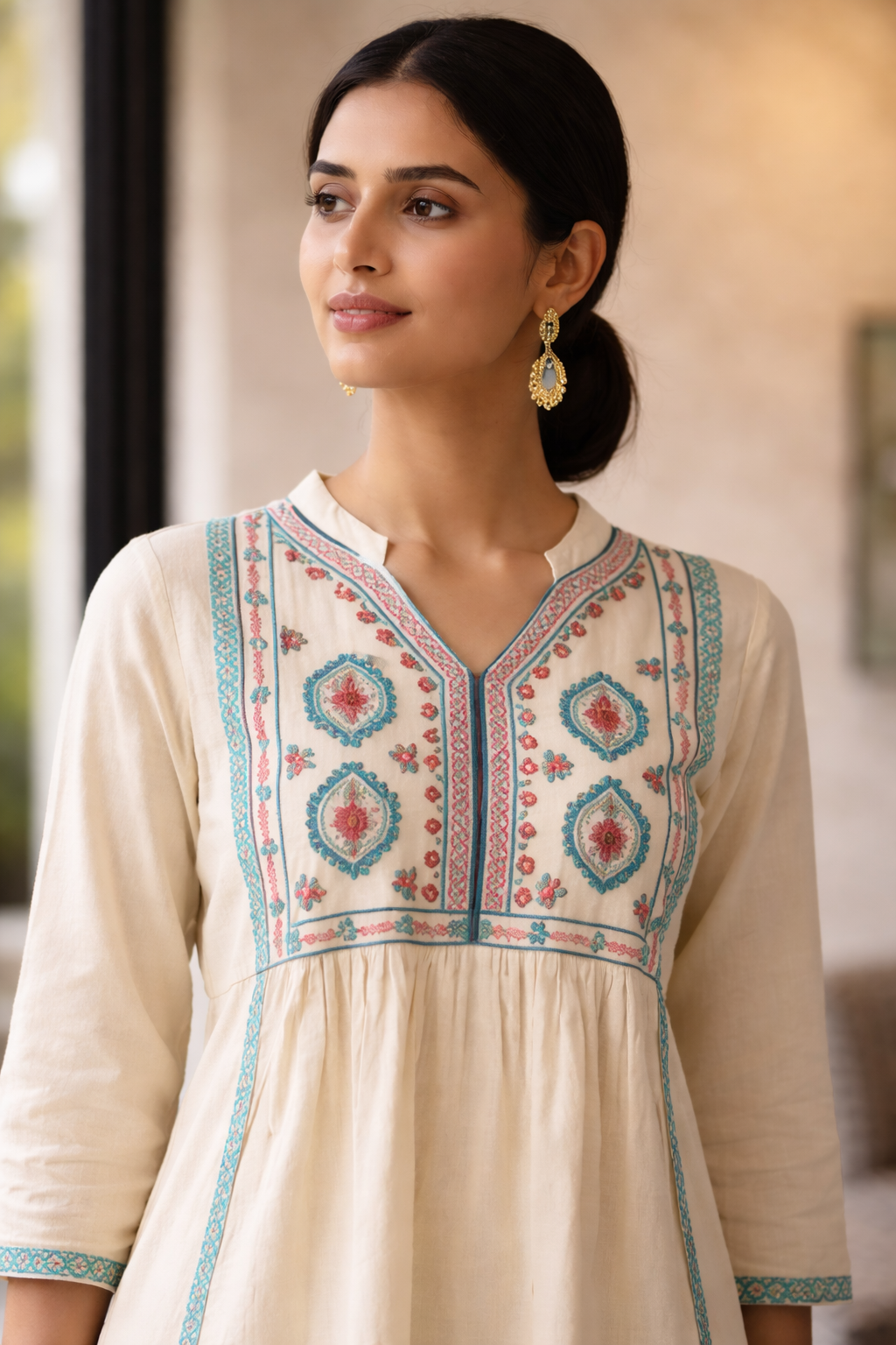 off white cotton embroidered kurta with wrap around palazzo set