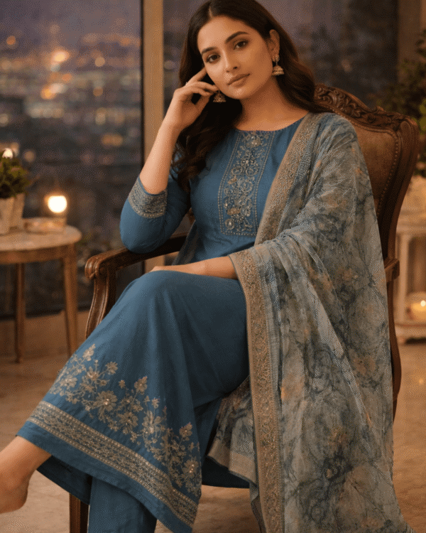 dark blue cotton blend kurta pant with floral printed dupatta