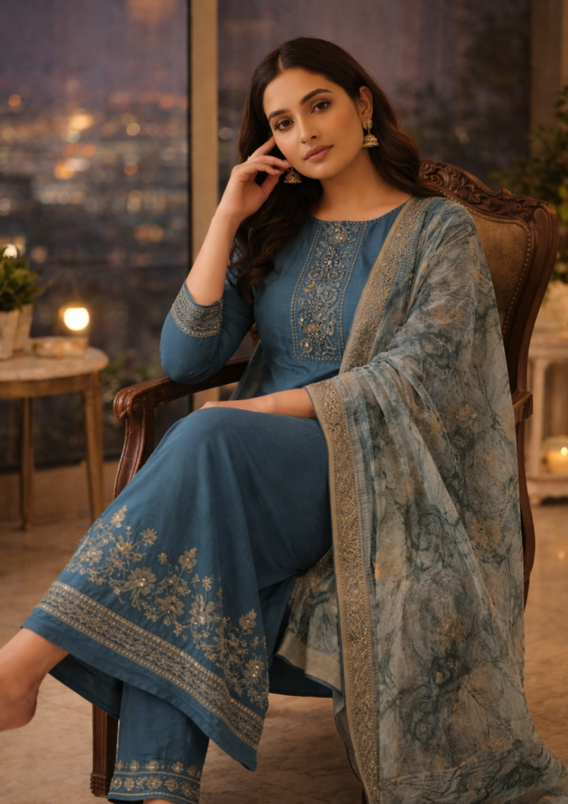 dark blue cotton blend kurta pant with floral printed dupatta