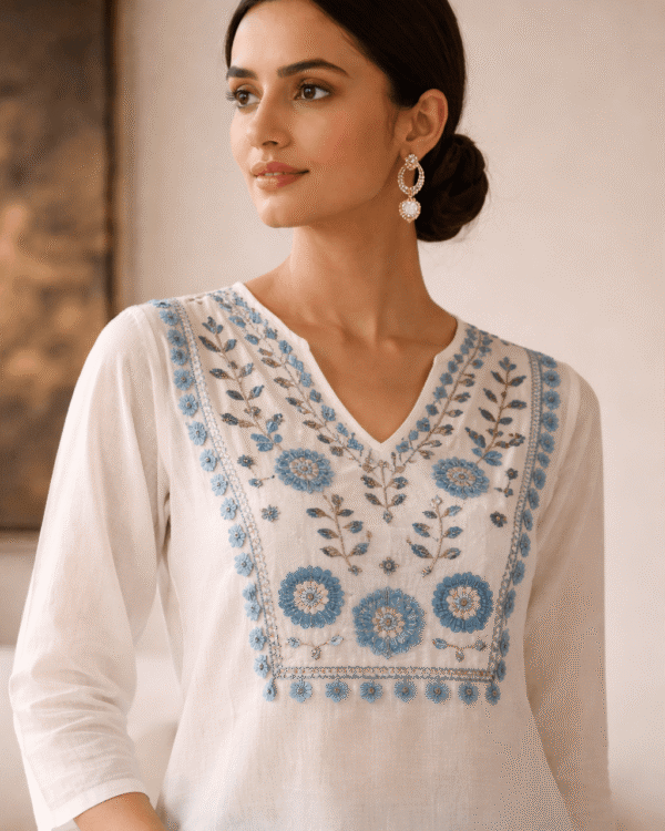 white cotton kurta with blue embroidery & palazzo set