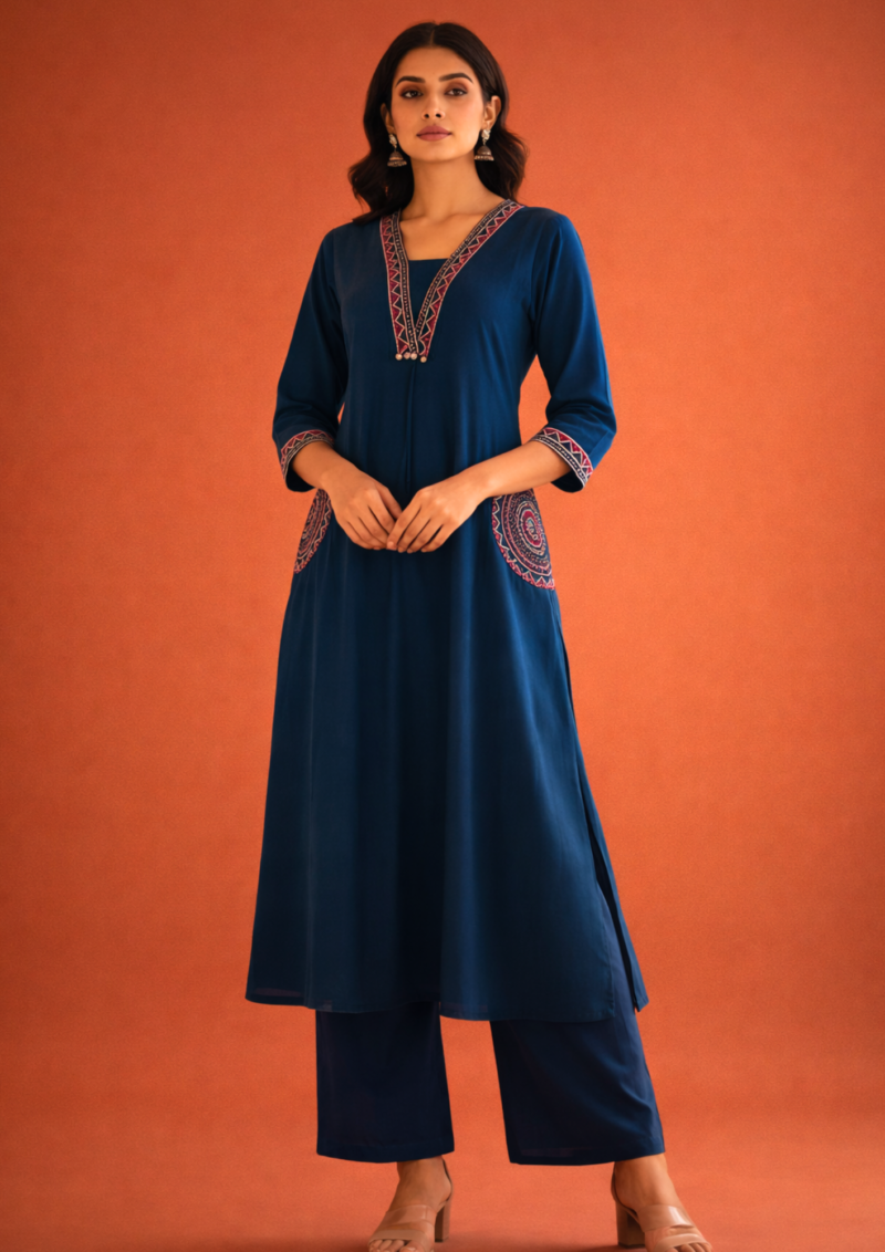 Navy Blue Cotton Embroidered Kurta With Straight Pant