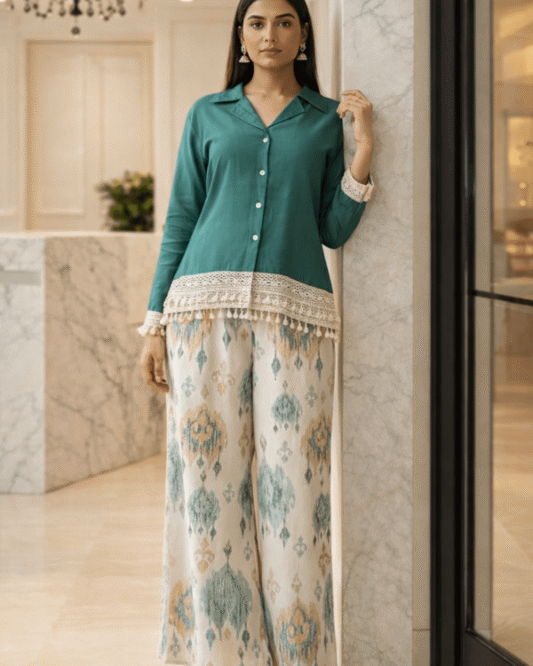 emerald green collared cotton short kurta with ikat pant