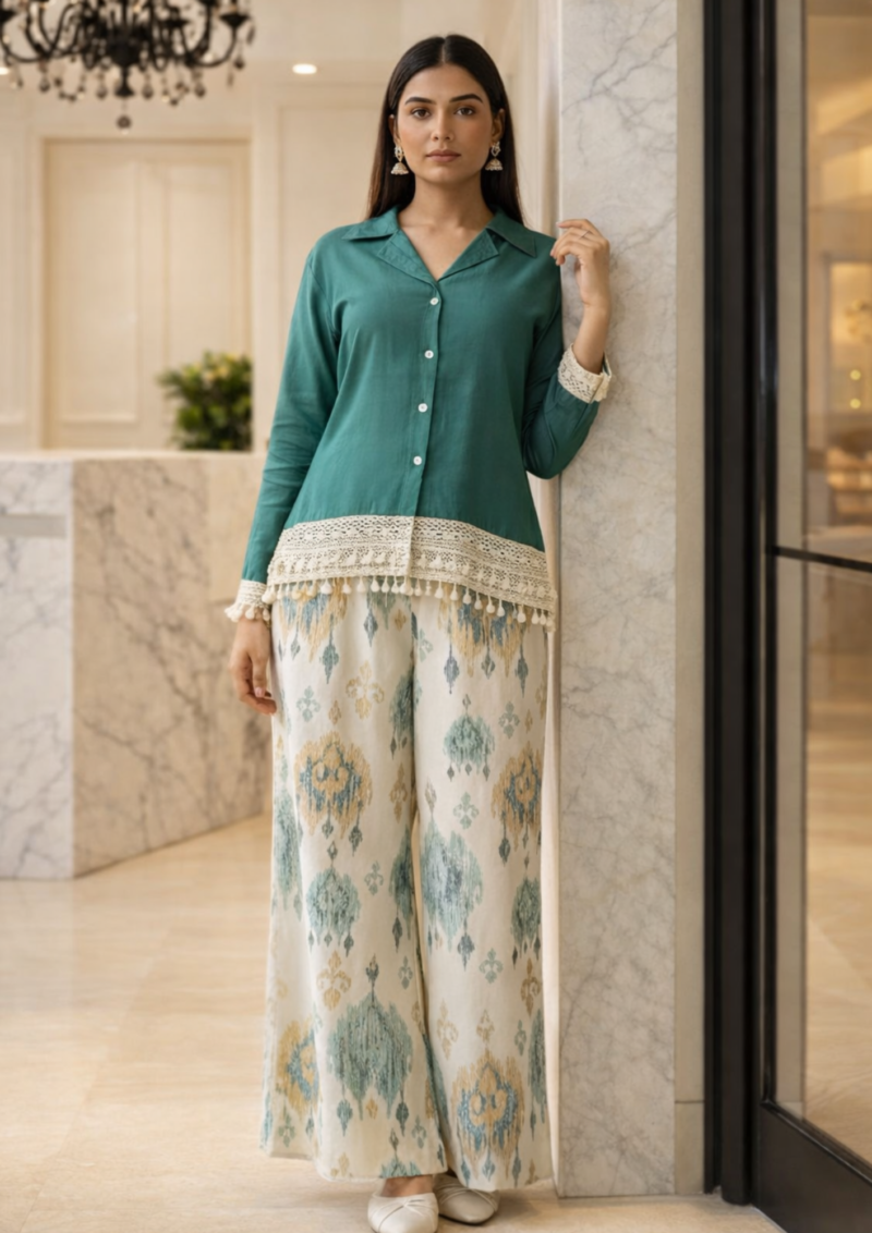 emerald green collared cotton short kurta with ikat pant
