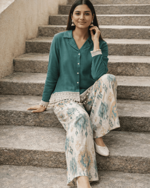 emerald green collared cotton short kurta with ikat pant