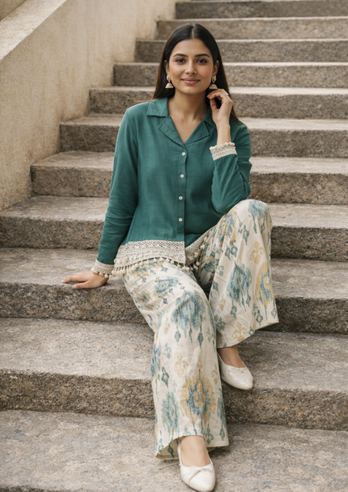 emerald green collared cotton short kurta with ikat pant