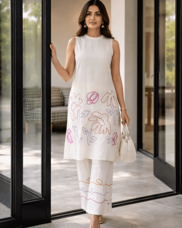 minimal ivory cotton co ord set with modern abstract embroidery