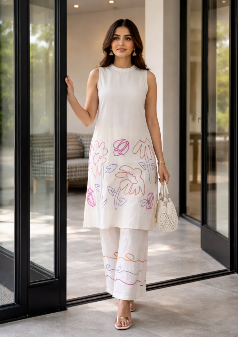 minimal ivory cotton co ord set with modern abstract embroidery
