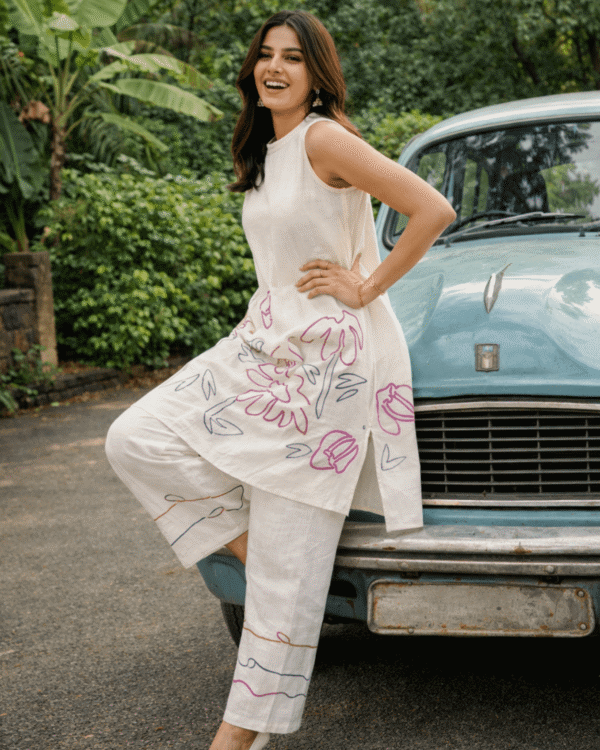 minimal ivory cotton co ord set with modern abstract embroidery