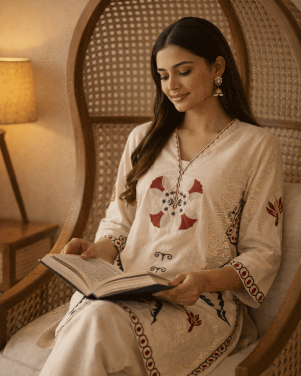 cream cotton short kurta pant with vibrant floral ethnic motifs