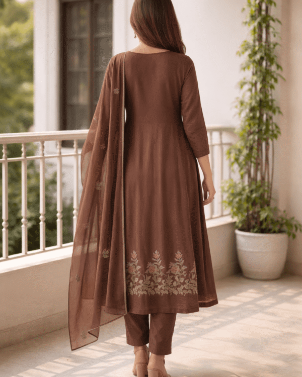 brown cotton blend embroidered anarkali kurta pant with elegant dupatta