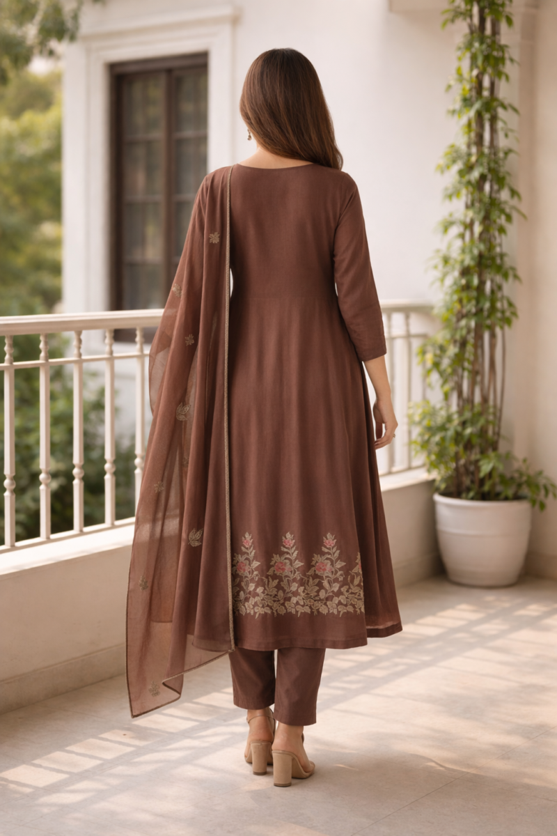 brown cotton blend embroidered anarkali kurta pant with elegant dupatta