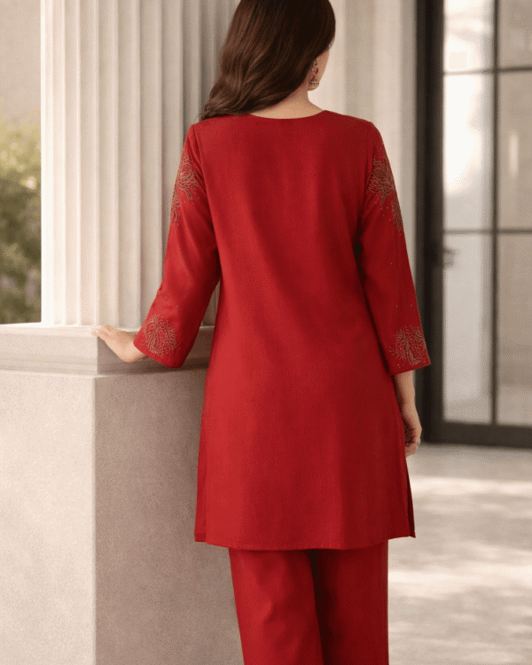 red cotton blend embroidered short kurta with straight pant