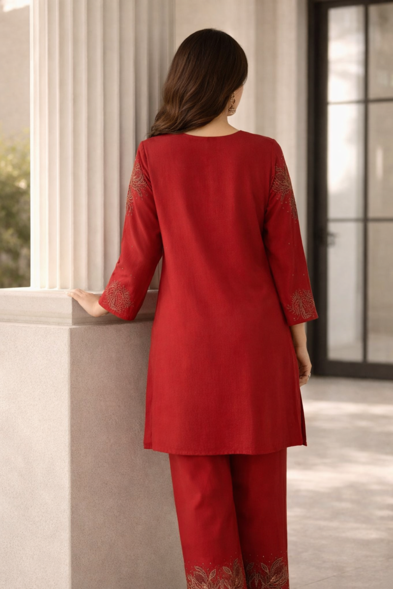 red cotton blend embroidered short kurta with straight pant