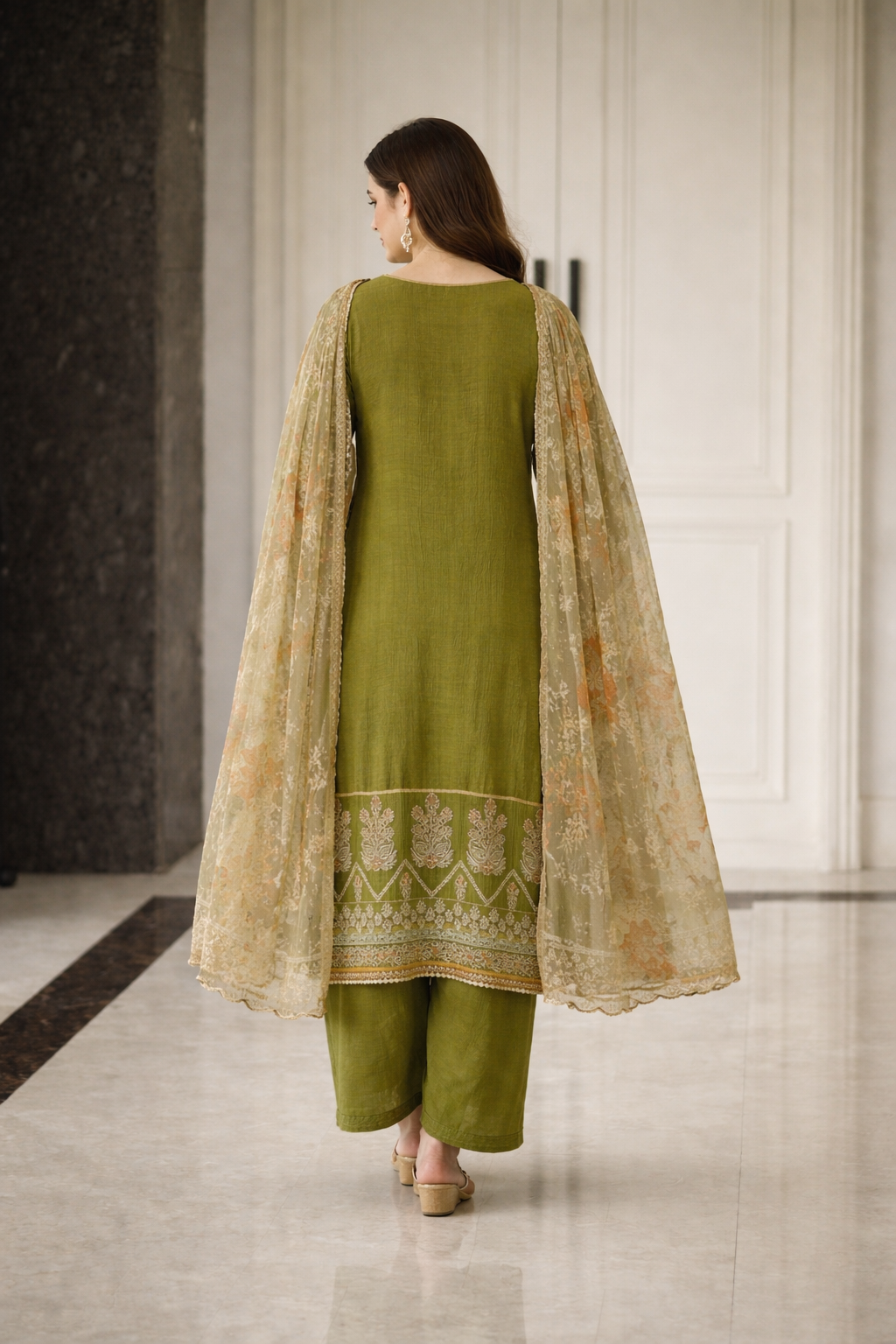 olive green rayon digital printed kurta pant with traditional dupatta