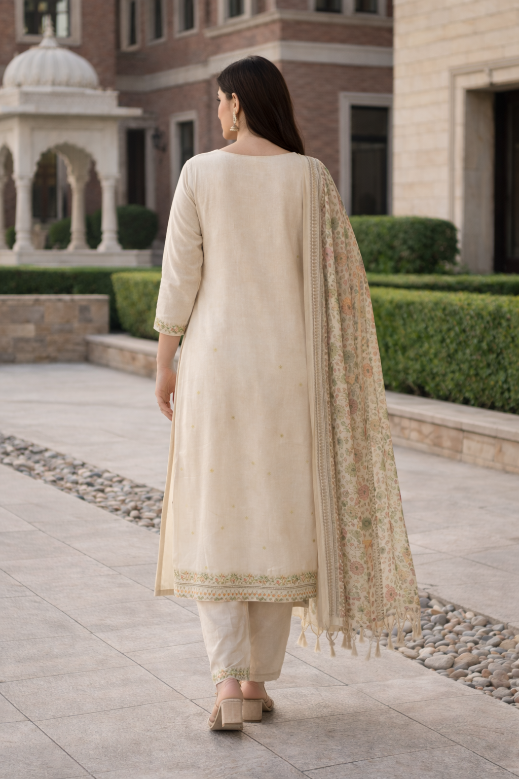 ivory embroidered cotton blend kurta pant with floral printed dupatta