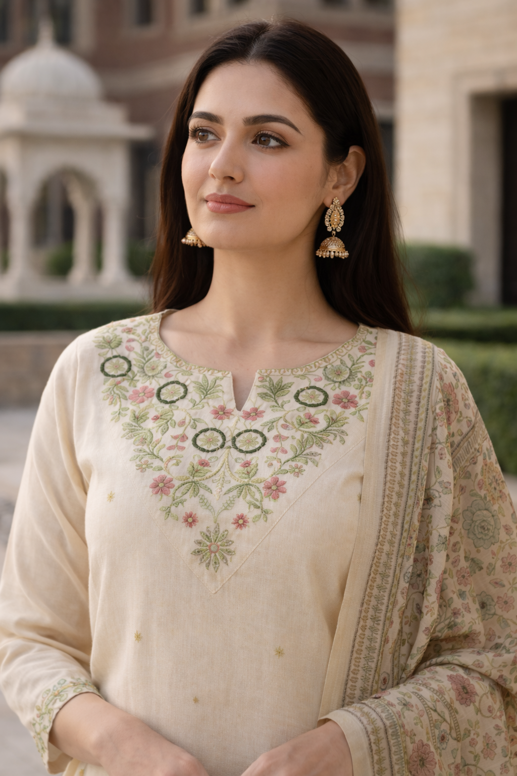 ivory embroidered cotton blend kurta pant with floral printed dupatta