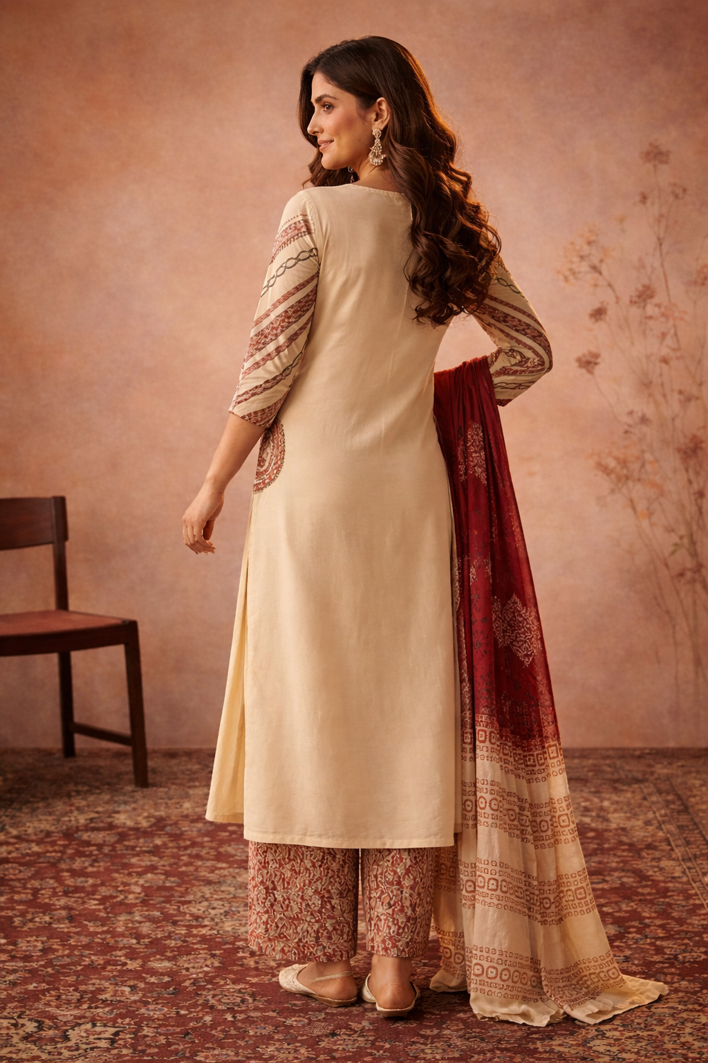 ivory white cotton kurta set featuring applique pocket with kalamkari dupatta