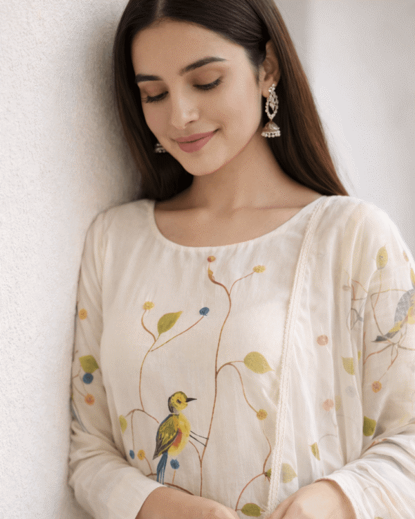ivory rayon bird print kurta pant with dupatta